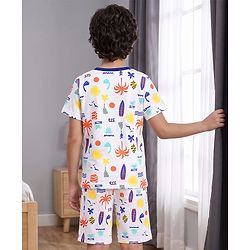 Pine Kids Cotton Knit Half Sleeves Co-Ord T-Shirt & Shorts Printed Night-Suit - White