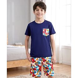 Pine Kids Cotton Knit Half Sleeves Text Printed T-Shirt & Shorts Night Suit - Navy Blue
