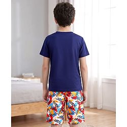 Pine Kids Cotton Knit Half Sleeves Text Printed T-Shirt & Shorts Night Suit - Navy Blue