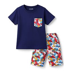 Pine Kids Cotton Knit Half Sleeves Text Printed T-Shirt & Shorts Night Suit - Navy Blue