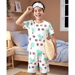 Pine Kids Cotton Knit Half Sleeves Beach Theme Printed Co -ords T-Shirt & Shorts Night Suit - White