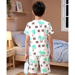 Pine Kids Cotton Knit Half Sleeves Beach Theme Printed Co -ords T-Shirt & Shorts Night Suit - White
