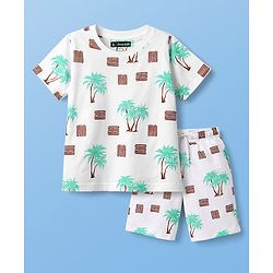 Pine Kids Cotton Knit Half Sleeves Beach Theme Printed Co -ords T-Shirt & Shorts Night Suit - White