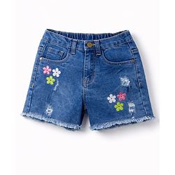 Pine Kids Cotton Woven Knee Length Shorts With Floral Embroidery - Navy Blue