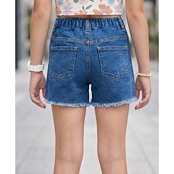 Pine Kids Cotton Woven Knee Length Shorts With Floral Embroidery - Navy Blue