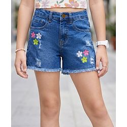 Pine Kids Cotton Woven Knee Length Shorts With Floral Embroidery - Navy Blue