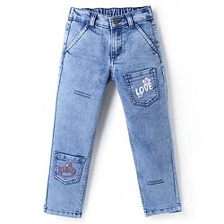 Pine Kids Woven Ankle Length Cargo Jeans with Text & Floral Prints - Blue