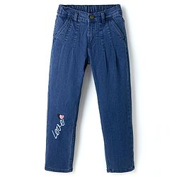 Pine Kids Cotton Mix Ankle Length Denim Jeans with Love Embroidery in Blue