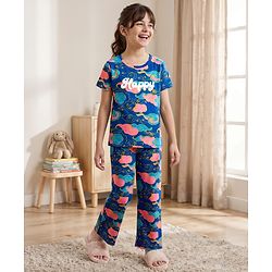 Pine Kids Cotton Knit Half Sleeves Top & Pyjama Co-ord Night Suit With Cloud Print - Navy Blue