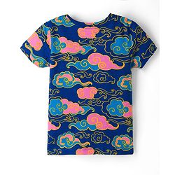 Pine Kids Cotton Knit Half Sleeves Top & Pyjama Co-ord Night Suit With Cloud Print - Navy Blue