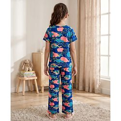 Pine Kids Cotton Knit Half Sleeves Top & Pyjama Co-ord Night Suit With Cloud Print - Navy Blue