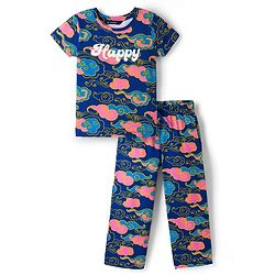 Pine Kids Cotton Knit Half Sleeves Top & Pyjama Co-ord Night Suit With Cloud Print - Navy Blue