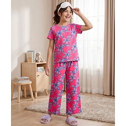 Pine Kids Cotton Knit Half Sleeves Top & Pyjama Co-ord Night Suit With Floral Print - Dark Pink