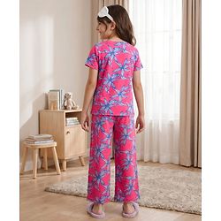 Pine Kids Cotton Knit Half Sleeves Top & Pyjama Co-ord Night Suit With Floral Print - Dark Pink