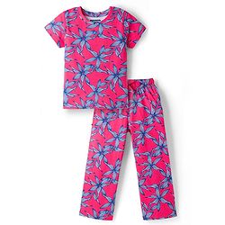 Pine Kids Cotton Knit Half Sleeves Top & Pyjama Co-ord Night Suit With Floral Print - Dark Pink