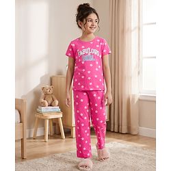 Pine Kids Cotton Knit Half Sleeves Co-Ords T-Shirt & Pyjama Night-Suit With Star Print - Dark Pink