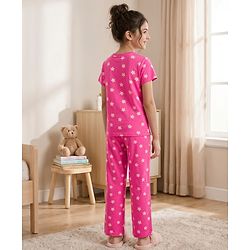Pine Kids Cotton Knit Half Sleeves Co-Ords T-Shirt & Pyjama Night-Suit With Star Print - Dark Pink