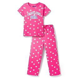 Pine Kids Cotton Knit Half Sleeves Co-Ords T-Shirt & Pyjama Night-Suit With Star Print - Dark Pink