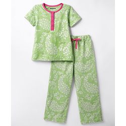 Pine Kids Cotton Knit Half Sleeves Floral Printed Co-Ords Top & Pyjama Night Suit - Light Green