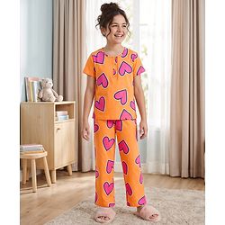 Pine Kids Cotton Knit Half Sleeves Co-Ords T-Shirt & Pyjama Night-Suit With Heart Print - Orange