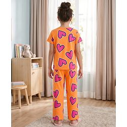 Pine Kids Cotton Knit Half Sleeves Co-Ords T-Shirt & Pyjama Night-Suit With Heart Print - Orange