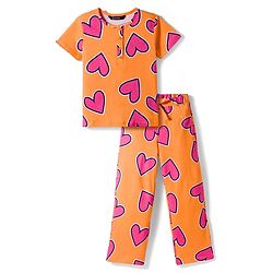 Pine Kids Cotton Knit Half Sleeves Co-Ords T-Shirt & Pyjama Night-Suit With Heart Print - Orange