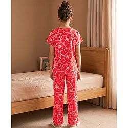 Pine Kids Cotton Knit Half Sleeve Co-Ord T-Shirt & Pyjama Night-Suit With Text & Floral Print - Red