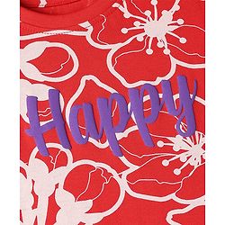 Pine Kids Cotton Knit Half Sleeve Co-Ord T-Shirt & Pyjama Night-Suit With Text & Floral Print - Red