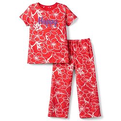 Pine Kids Cotton Knit Half Sleeve Co-Ord T-Shirt & Pyjama Night-Suit With Text & Floral Print - Red