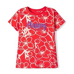 Pine Kids Cotton Knit Half Sleeve Co-Ord T-Shirt & Pyjama Night-Suit With Text & Floral Print - Red