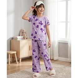 Pine Kids Cotton Knit Half Sleeves Top & Pyjama Co-ord Night Suit With Bunny Print - Purple