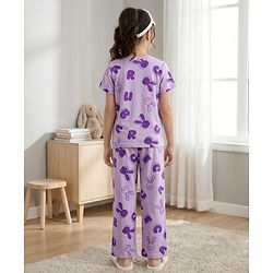 Pine Kids Cotton Knit Half Sleeves Top & Pyjama Co-ord Night Suit With Bunny Print - Purple