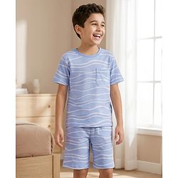 Pine Kids Cotton Knit Half Sleeves Printed T-Shirt & Shorts Co-ord Night Suit - Blue