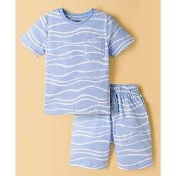 Pine Kids Cotton Knit Half Sleeves Printed T-Shirt & Shorts Co-ord Night Suit - Blue
