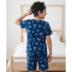 Pine Kids Cotton Knit Half Sleeves T-Shirt & Shorts Co-ord Night Suit With Tropical Print - Navy Blue