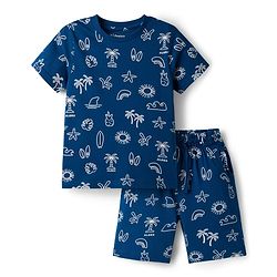 Pine Kids Cotton Knit Half Sleeves T-Shirt & Shorts Co-ord Night Suit With Tropical Print - Navy Blue