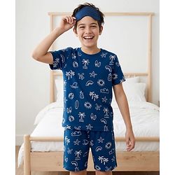 Pine Kids Cotton Knit Half Sleeves T-Shirt & Shorts Co-ord Night Suit With Tropical Print - Navy Blue