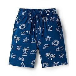Pine Kids Cotton Knit Half Sleeves T-Shirt & Shorts Co-ord Night Suit With Tropical Print - Navy Blue
