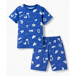 Pine Kids Cotton Knit Half Sleeves Co-Ord T-Shirt & Shorts Printed Night-Suit - Blue