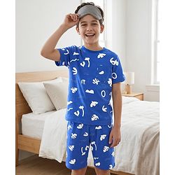 Pine Kids Cotton Knit Half Sleeves Co-Ord T-Shirt & Shorts Printed Night-Suit - Blue