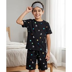 Pine Kids Cotton Knit Half Sleeves T-Shirt & Shorts Co-ord Night Suit With Space Theme Print - Black
