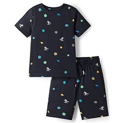 Pine Kids Cotton Knit Half Sleeves T-Shirt & Shorts Co-ord Night Suit With Space Theme Print - Black