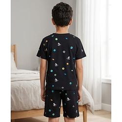 Pine Kids Cotton Knit Half Sleeves T-Shirt & Shorts Co-ord Night Suit With Space Theme Print - Black