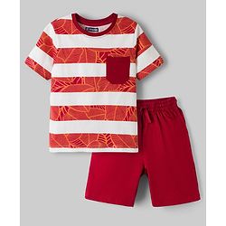 Pine Kids Cotton Knit Half Sleeves Striped Cut & Sew T-Shirt & Shorts Night Suit with Leaf Print - Brown