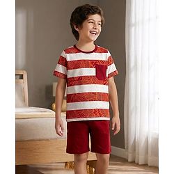 Pine Kids Cotton Knit Half Sleeves Striped Cut & Sew T-Shirt & Shorts Night Suit with Leaf Print - Brown