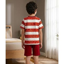 Pine Kids Cotton Knit Half Sleeves Striped Cut & Sew T-Shirt & Shorts Night Suit with Leaf Print - Brown