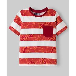 Pine Kids Cotton Knit Half Sleeves Striped Cut & Sew T-Shirt & Shorts Night Suit with Leaf Print - Brown