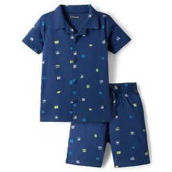 Pine Kids Cotton Knit Half Sleeves Printed Shirt & Shorts Co-ord Night Suit - Navy Blue