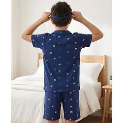 Pine Kids Cotton Knit Half Sleeves Printed Shirt & Shorts Co-ord Night Suit - Navy Blue