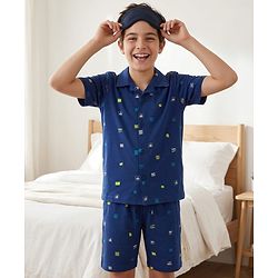 Pine Kids Cotton Knit Half Sleeves Printed Shirt & Shorts Co-ord Night Suit - Navy Blue